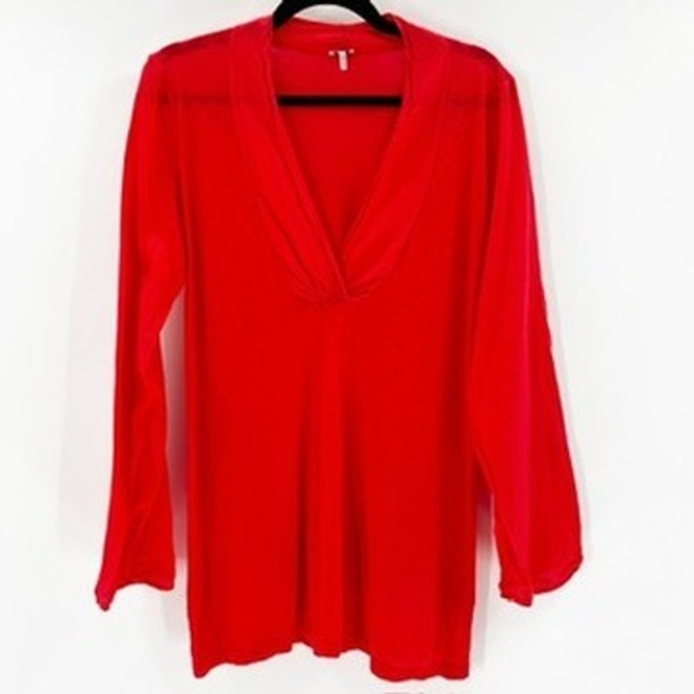 Splendid Red Long Sleeve V Neck Pleated Tunic Top‎ Women's Medium Made in USA